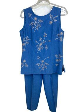 Talbots Petites Blue Silk Linen Embroidered Sleeveless Pant Suit Size 8P